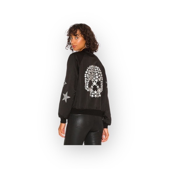 Lauren Moshi ☻︎ Levelle Star Skull Satin Bomber Jacket ☻︎Black Silver Hot Pink